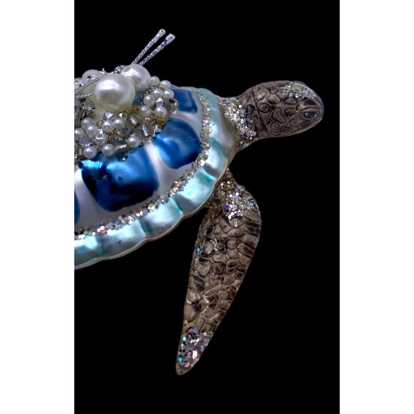 Sea Turtle Christmas Ornament Mercury Glass Jewel Encrusted Beachy Ocean Life 5" - Picture 9 of 11
